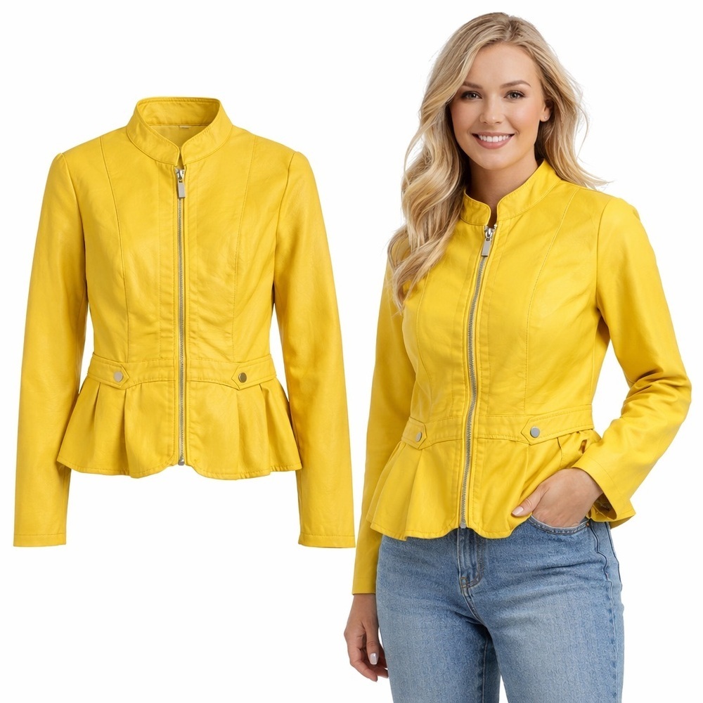 Baccini Yellow Faux Leather Peplum Moto Jacket XL Statement
